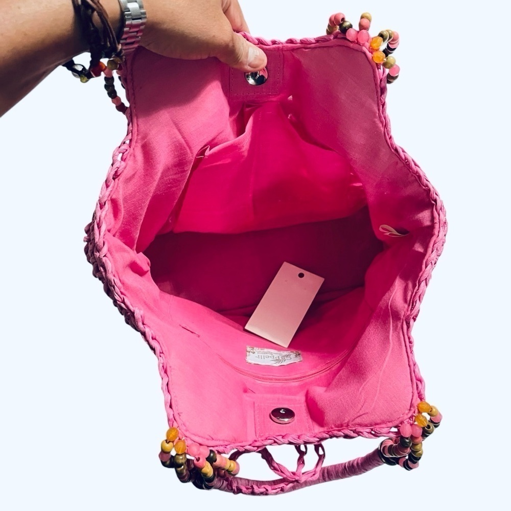 Cappelli bag Pink Woven Tote Bag, with beaded handles, Spring, Summer, Vacation - Picture 7 of 12